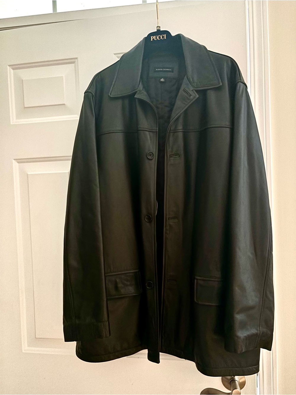 Banana Republic Black Leather Trench Coat, great condition, warm lining